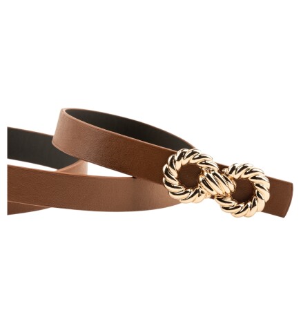 Paçuli Moda Kadın Çift Halka Tokalı  Siyah_Taba Kemer