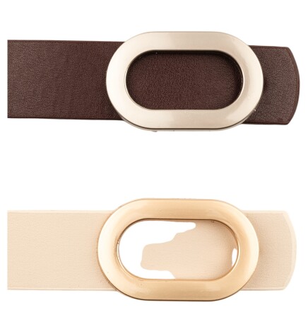 Paçuli Moda Kalın Oval Tokalı İkili Set Kahverengi_Bej Kadın Kemeri