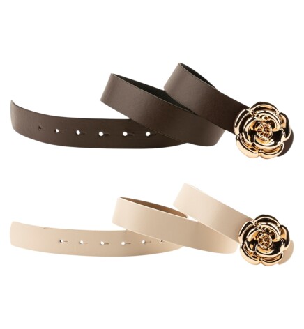 Paçuli Moda Tek Gül Tokalı İkili Set Kahverengi_Bej Kadın Kemeri