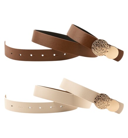 Paçuli Moda Desenli Yuvarlak Tokalı İkili Set Taba_Bej Kadın Kemeri